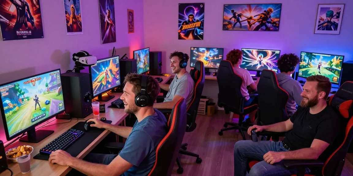 Engaged adults playing real porn games in a cozy gaming room with snacks and modern consoles.