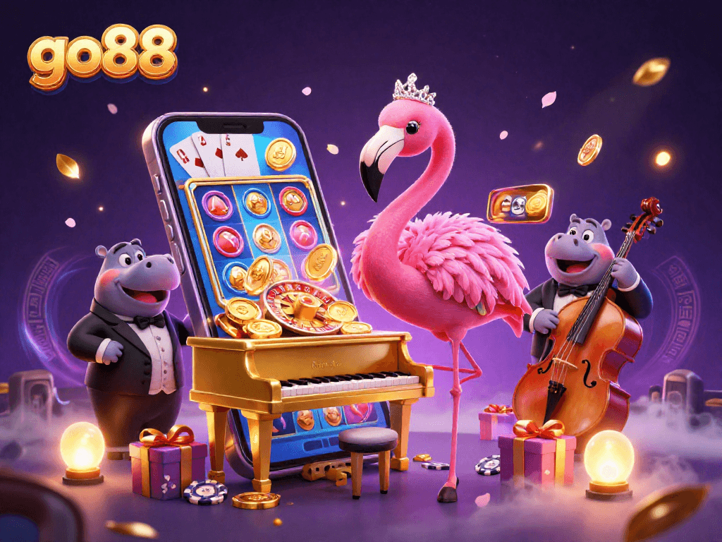 Spin the reels and win with go88 at this vibrant digital casino scene featuring colorful games and characters.