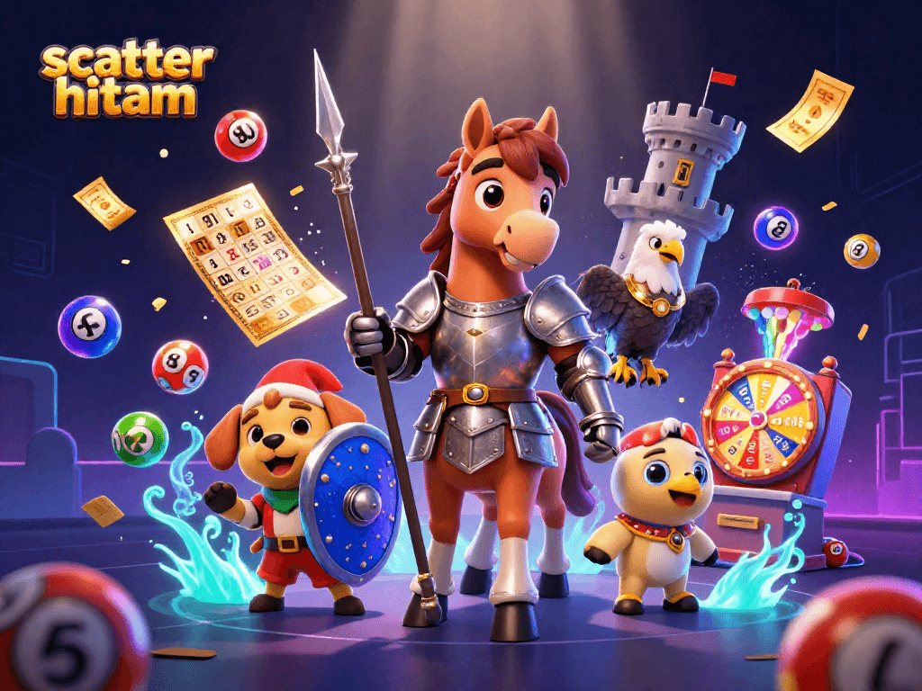 Experience thrilling action in scatter hitam slots with vibrant characters, spinning wheels, and colorful lottery elements.