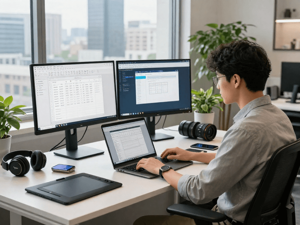 现代办公环境,专业人士使用WPS Office官网软件,专注工作和合作。