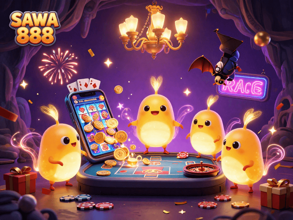 Experience the excitement of SAWA 888 with glowworms lighting a casino, showcasing vibrant slot games and fun elements.