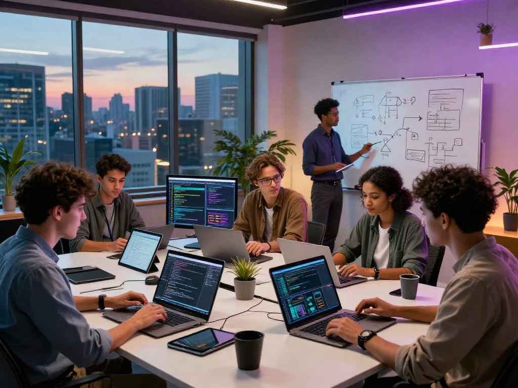 Dynamic tech workspace with a team collaborating on spicy ai development in a modern environment.