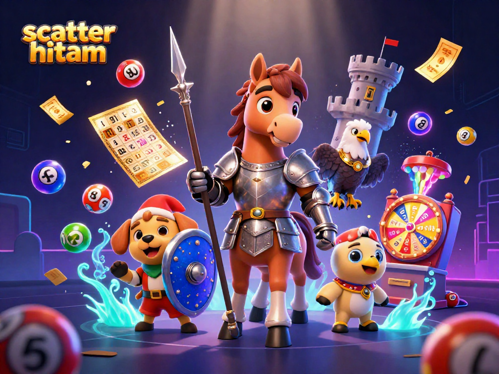 Experience thrilling action in scatter hitam slots with vibrant characters, spinning wheels, and colorful lottery elements.