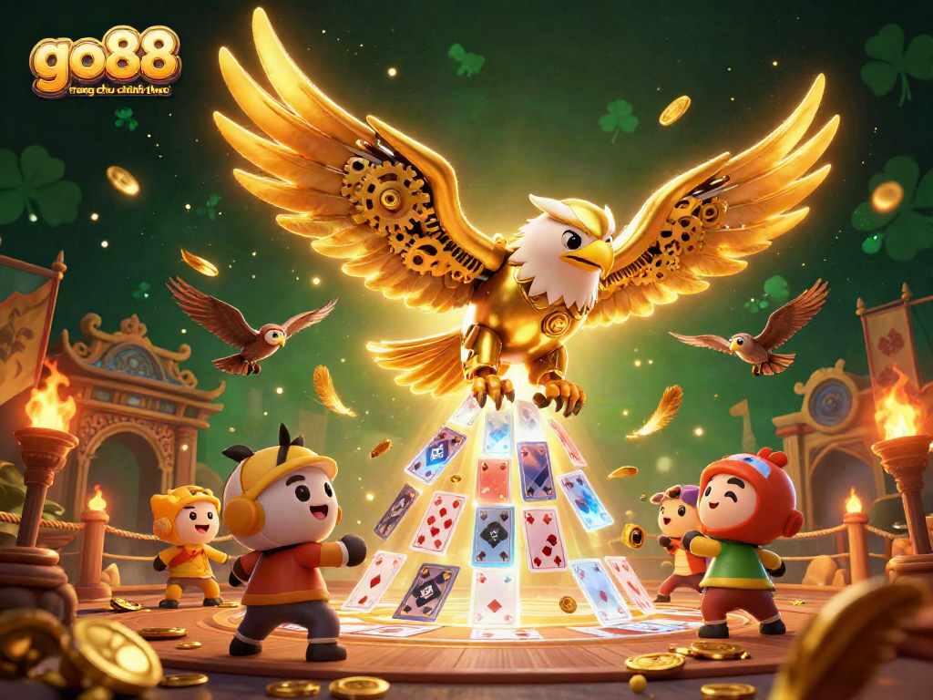 Experience go88 trang chu chinh thuc with a cybernetic eagle diving through holographic playing cards.