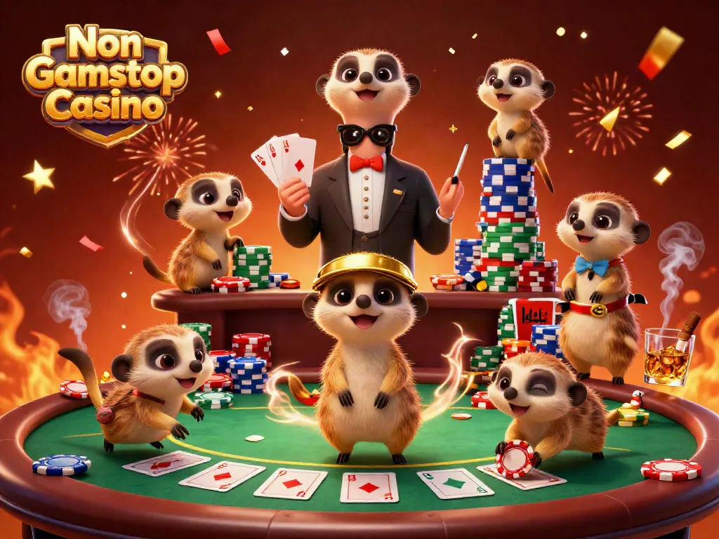Meerkats managing a vibrant Non Gamstop Casino with poker elements and festive effects.