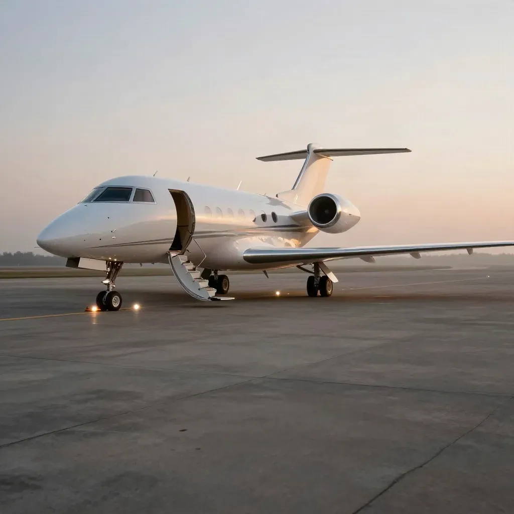 Business jet on a remote apron with open stairs and service lights in morning haze.