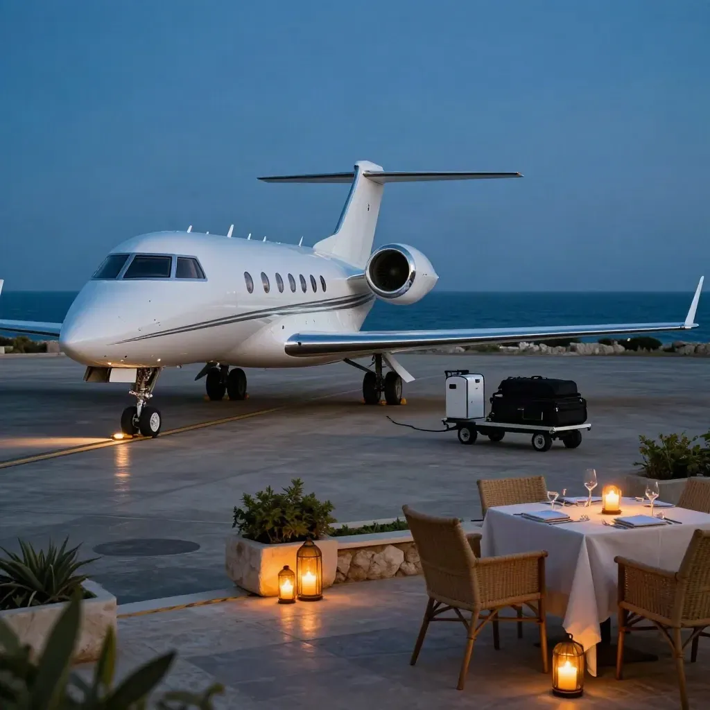 Private jet beside a candlelit Riviera terrace with the Mediterranean glowing at dusk