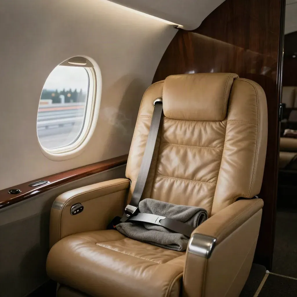 Empty private-jet seat by a Geneva window with apron lights outside.