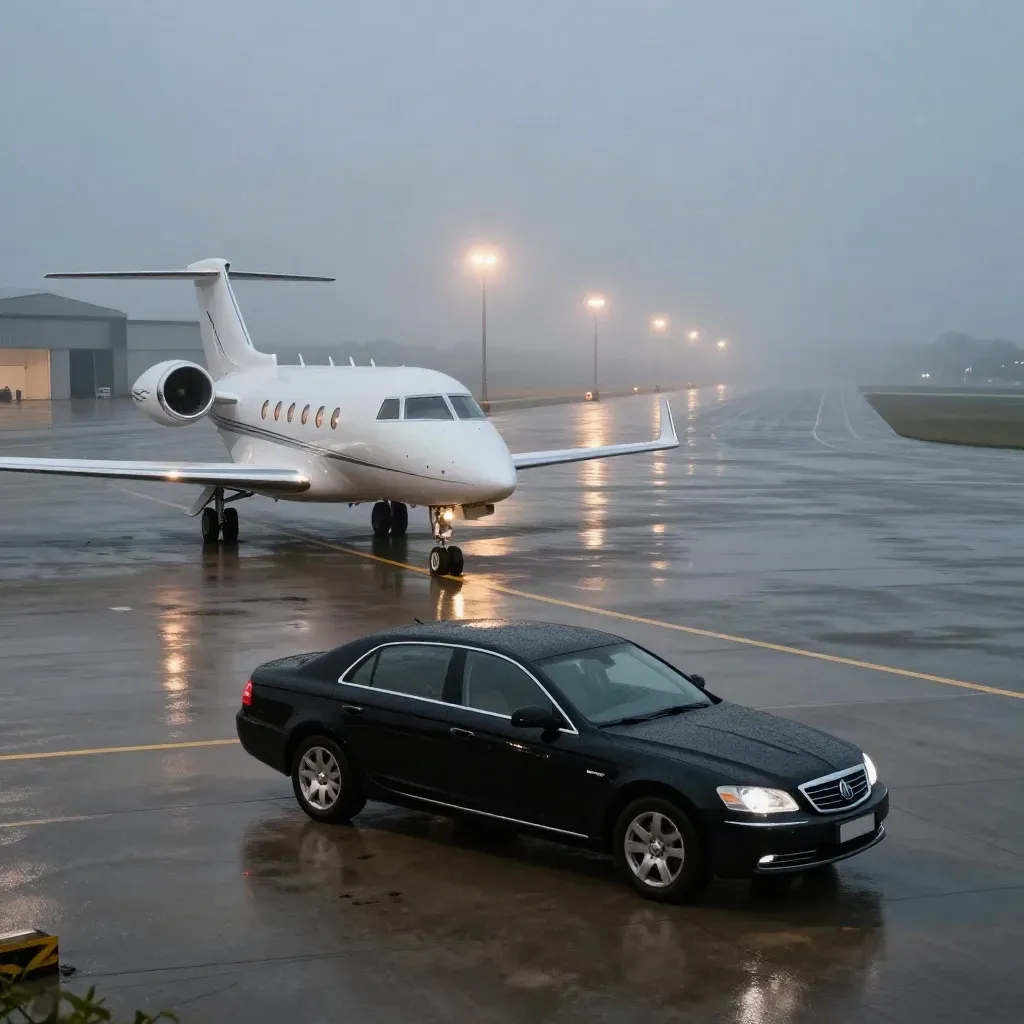 Rain-slick apron with a black executive car, private jet, and runway lights in mist.