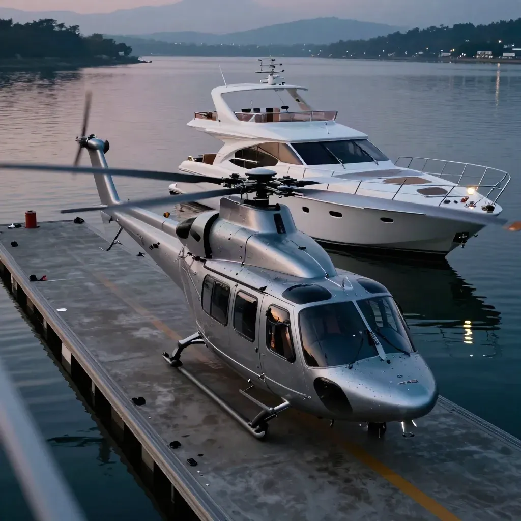 Helicopter on marina helipad beside a white yacht, dusk reflections and apron lights