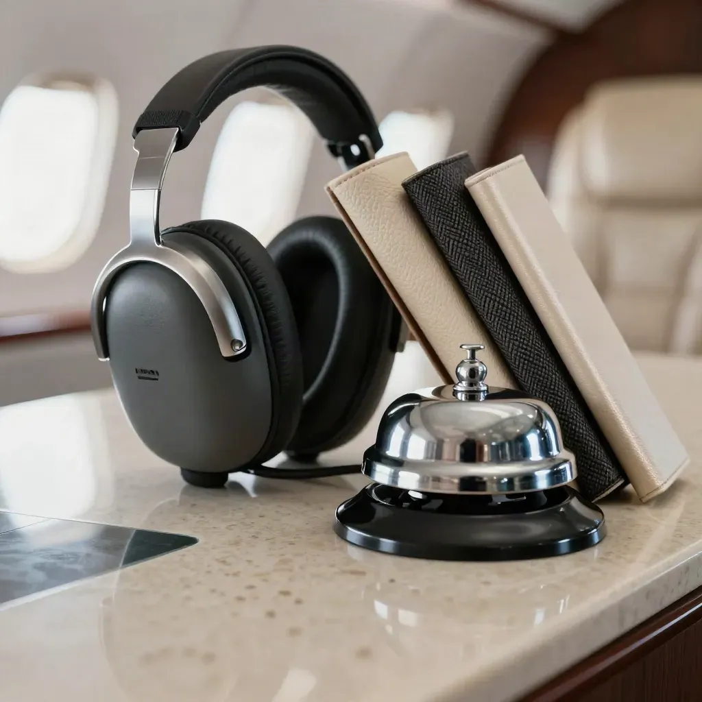 Headset base, silver bell and aircraft cabin swatches on travertine in luxury charter macro.