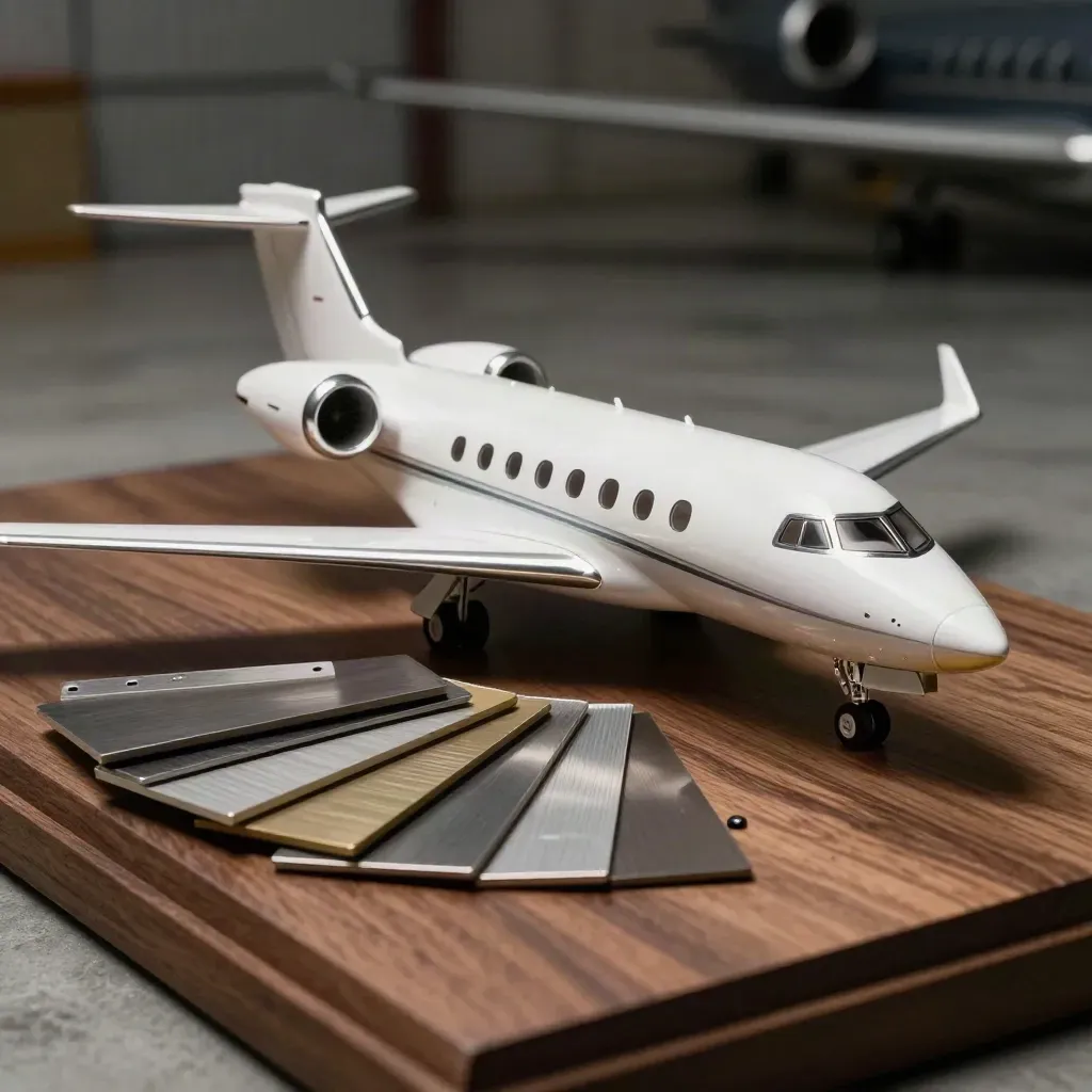 Scale jet model with metal samples on a walnut plinth in a dim hangar office.