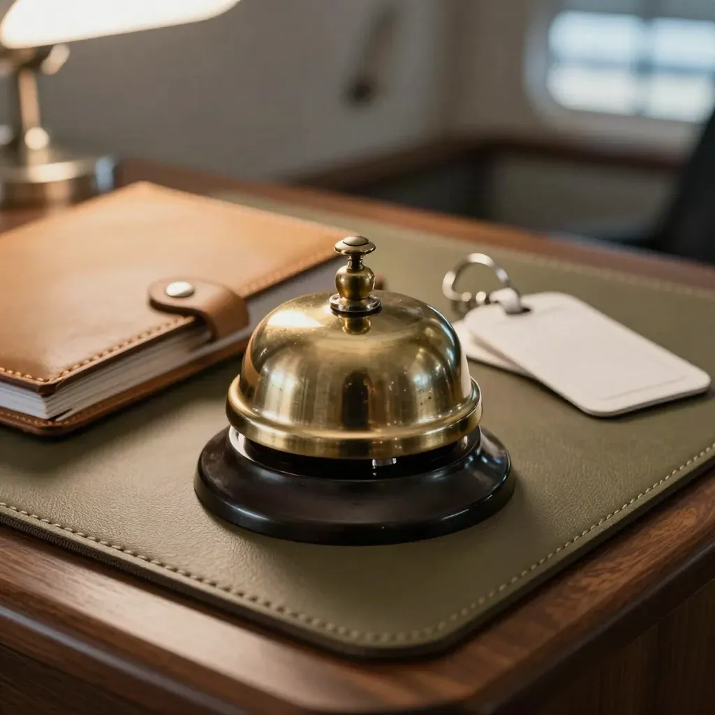 Brass concierge bell, leather message pad, and luggage tags on a private jet desk.