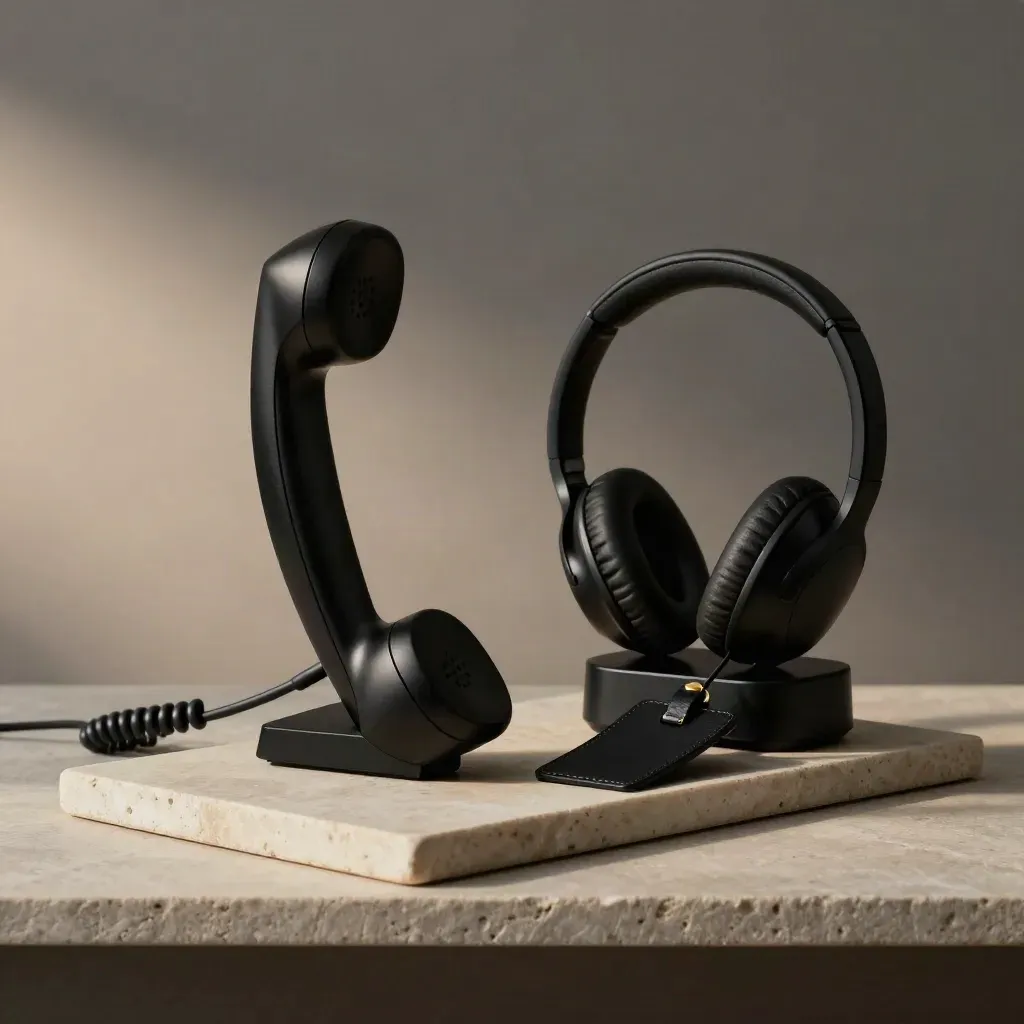 Black handset, headset dock, and blank luggage tag on a stone shelf