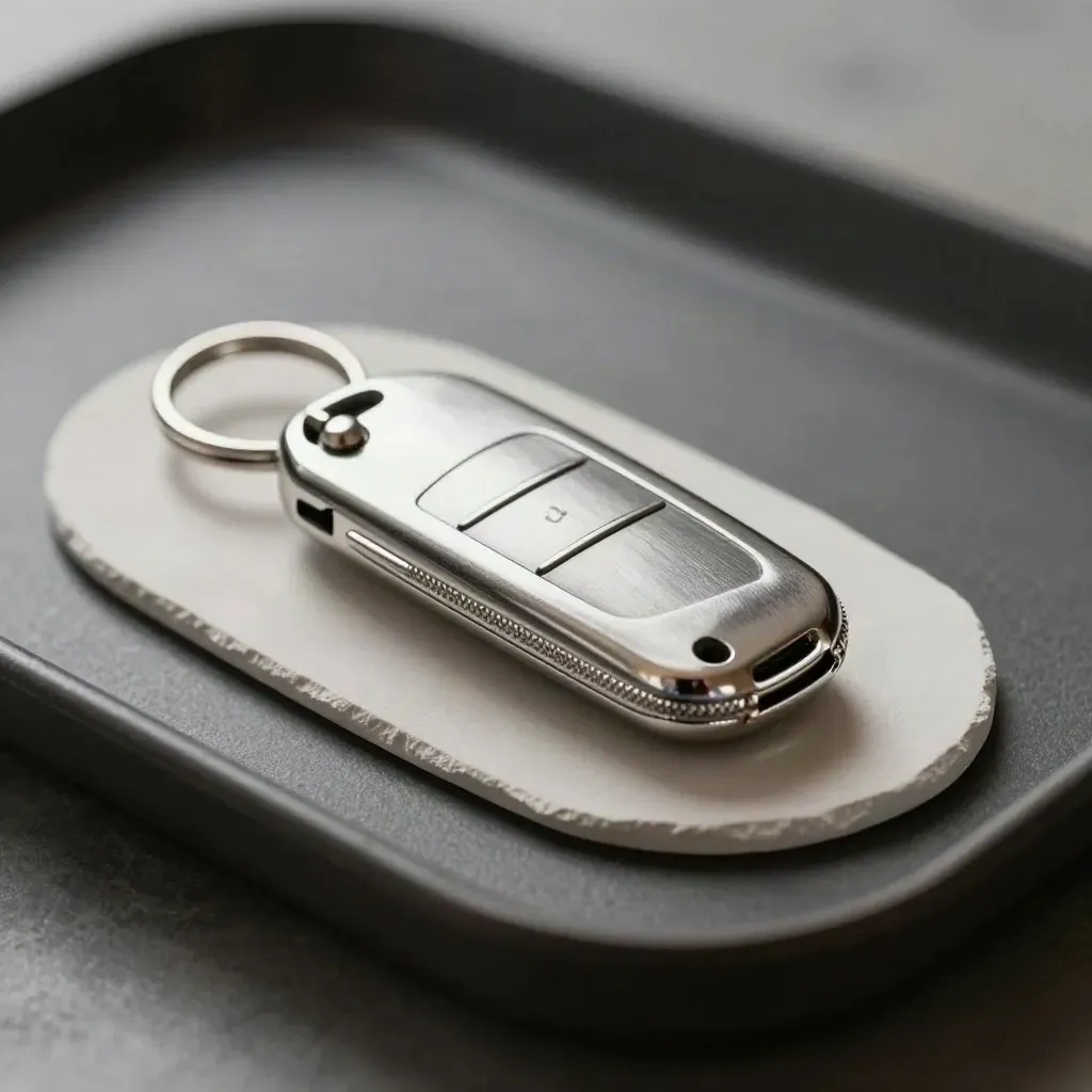 Silver jet key fob and latch clasp on a dark tray, sleek confirmation still life.