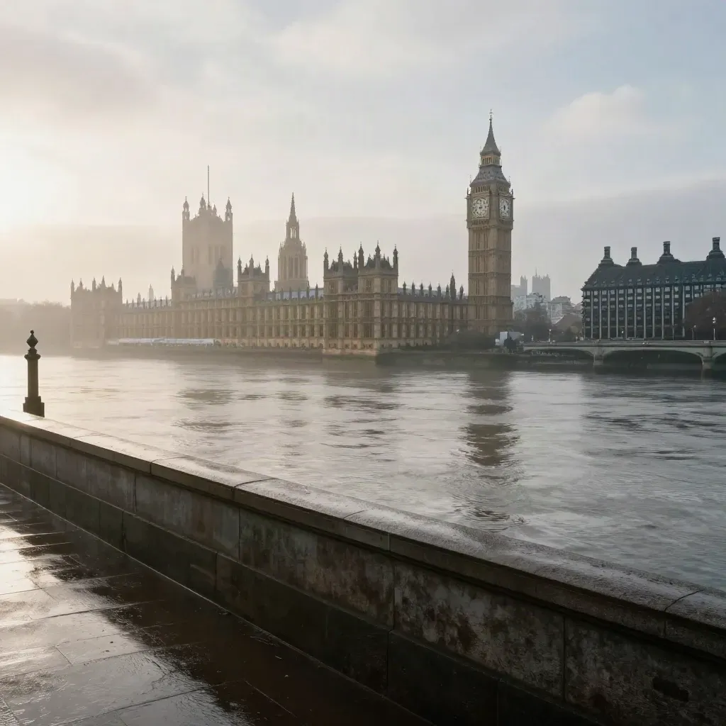 Westminster and the Thames at dawn, silver mist over wet embankment stone, calm water below