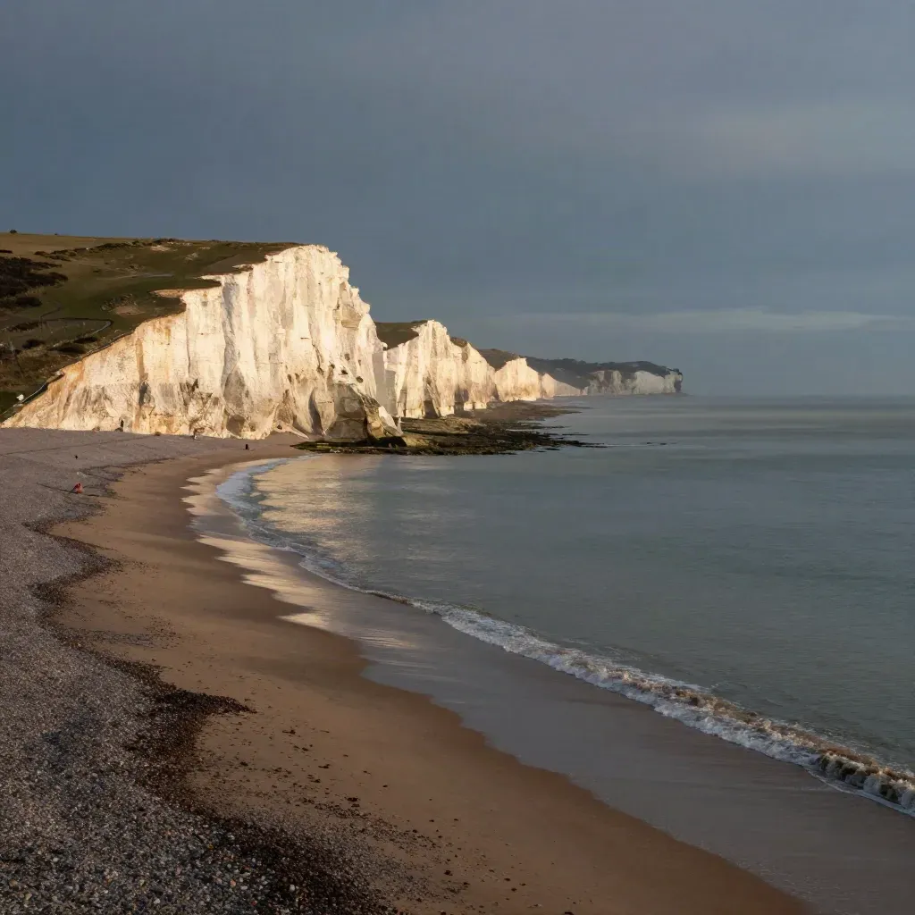 Brighton chalk cliffs glowing at golden hour above a quiet wet shingle seafront.