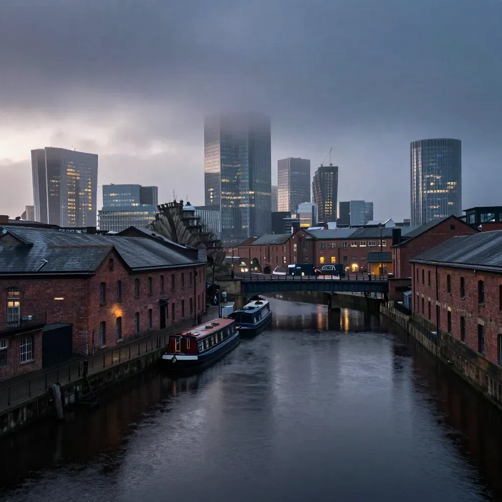 Manchester skyline over a calm canal basin at dusk with haze and first lights