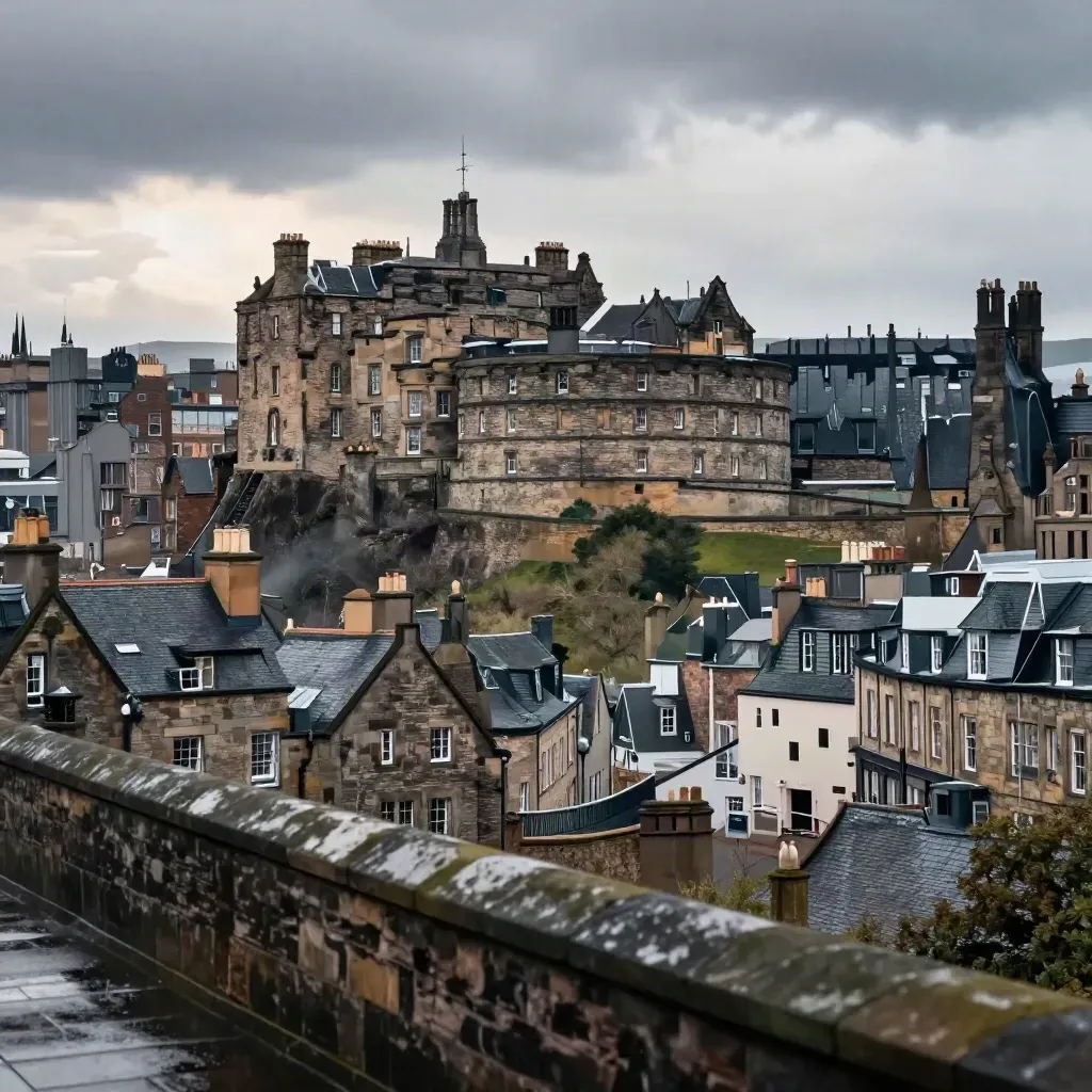 Edinburgh Castle above rain-dark roofs as storm light breaks through haze