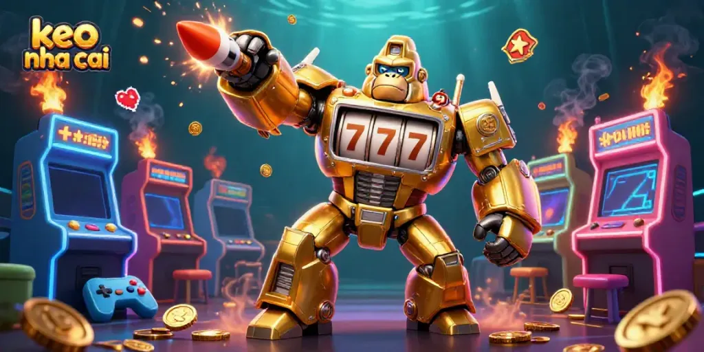 Engage with keo nha cai action, featuring a golden gorilla mech and arcade games in a lively casino scene.
