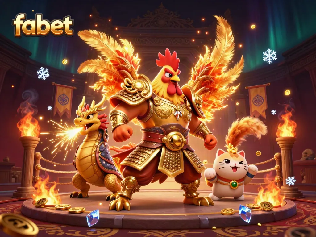 Experience thrilling gameplay with fabet featuring a powerful rooster warrior, dragon hatchling, and cheering mascot.