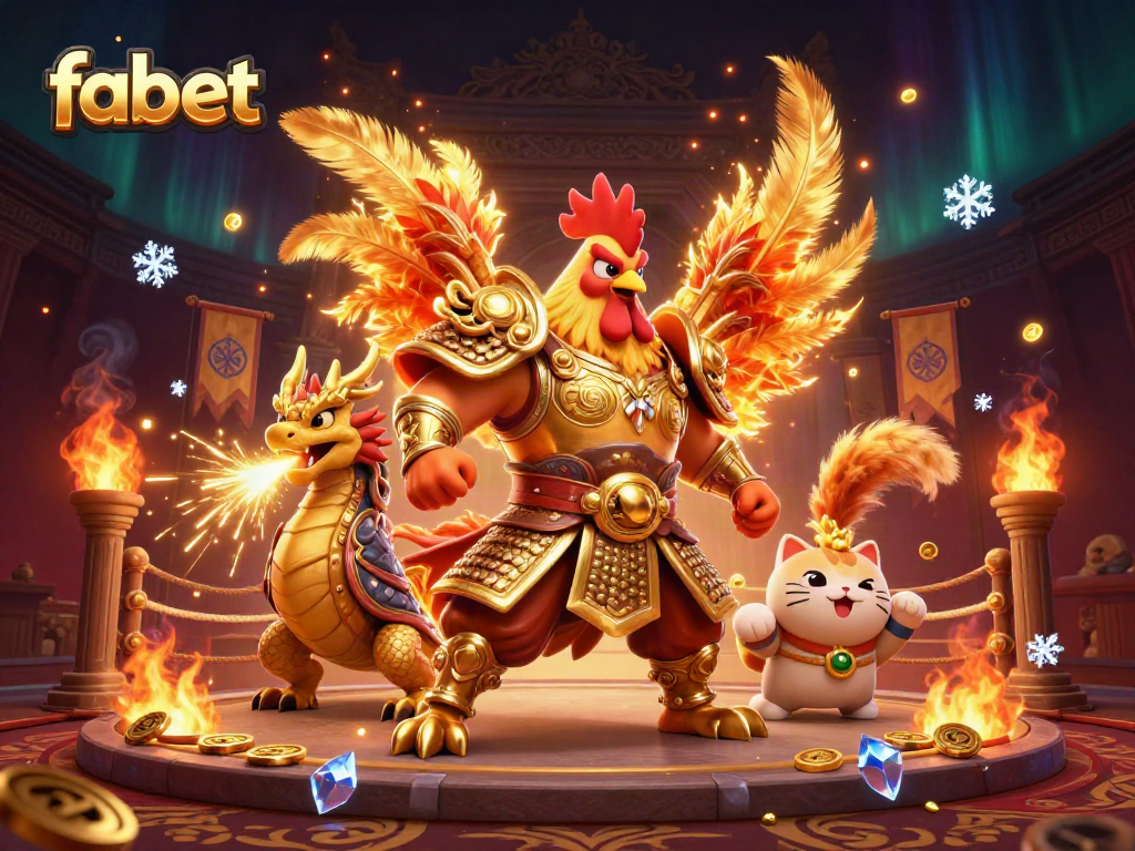 Experience thrilling gameplay with fabet featuring a powerful rooster warrior, dragon hatchling, and cheering mascot.