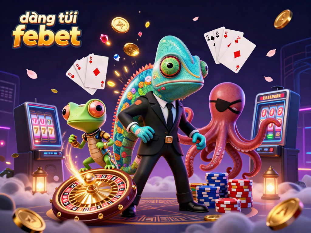 Experience the excitement of đăng ký febet with vibrant casino elements and engaging characters in a dynamic 3D scene.