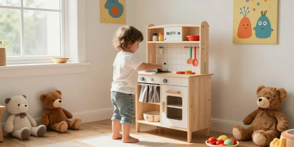 Child enjoying playtime in a wooden kitchen set, surrounded by colourful toys and natural light.