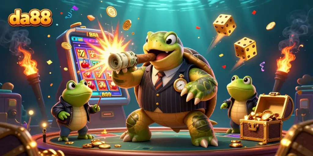 Win big with da88's vibrant slot scene featuring the massive turtle and bullfrog enforcers.