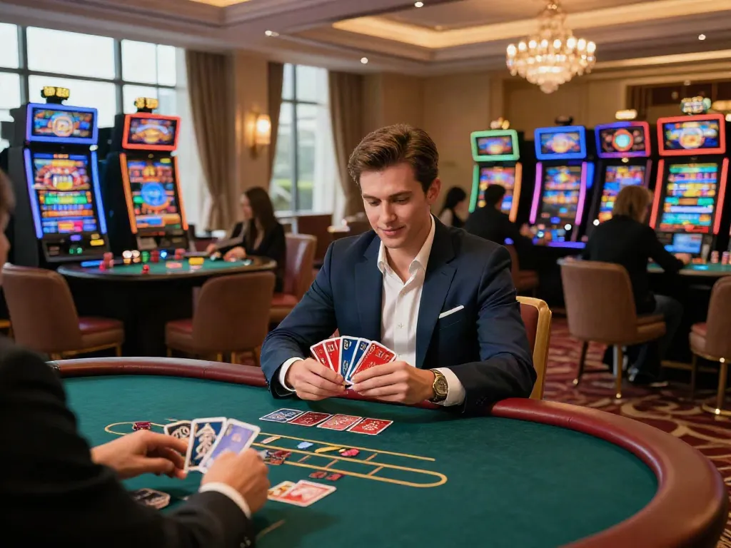 Player enjoying high-stakes poker in a luxurious gaming lounge, highlighting credit card casino sites atmosphere.