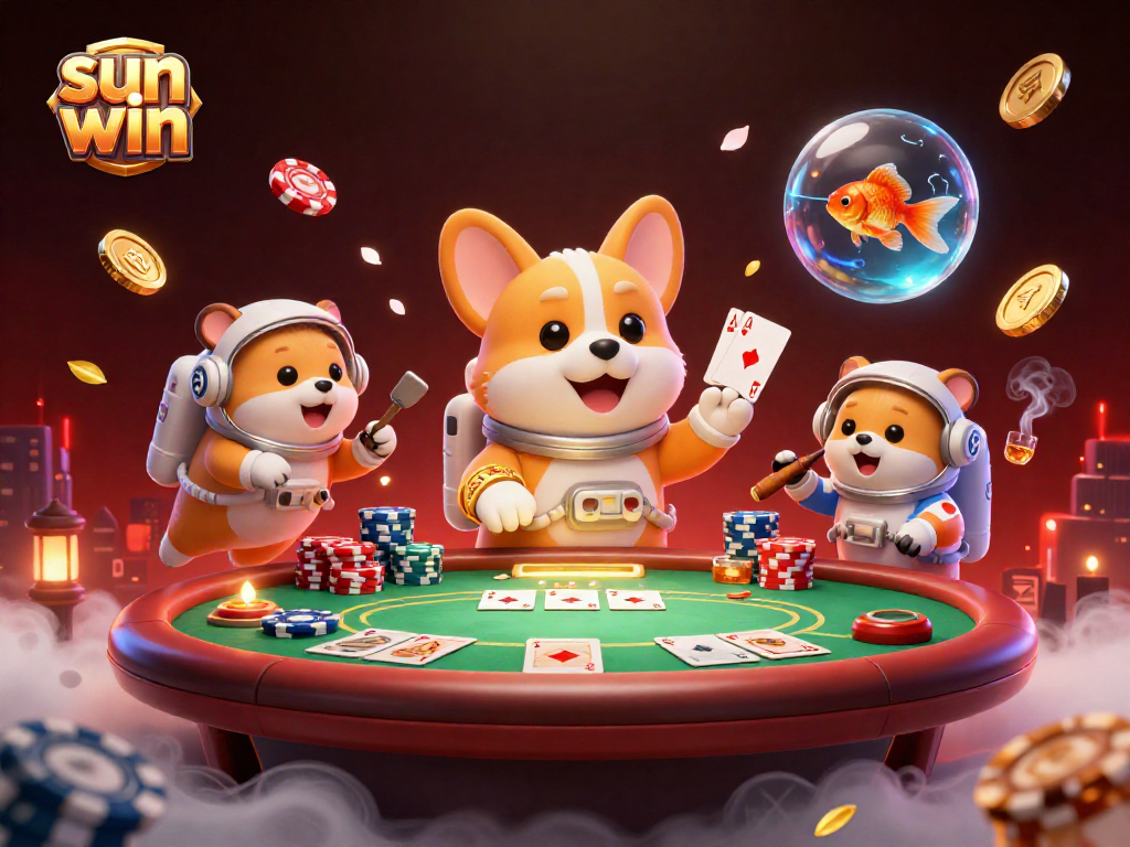 Enjoy sun win moments in a dynamic casino atmosphere with characters and poker elements.