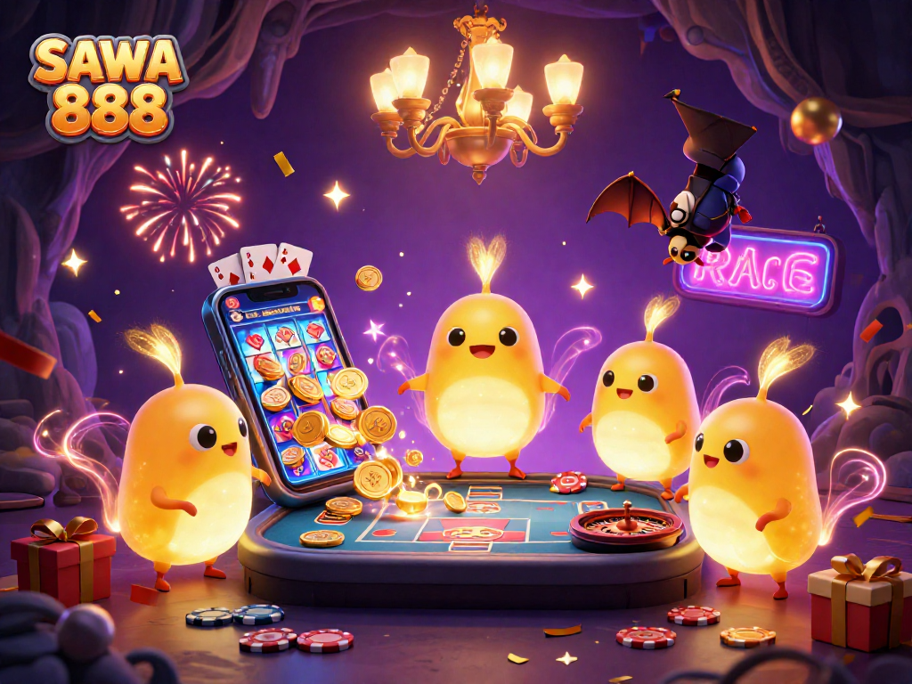 Experience the excitement of SAWA 888 with glowworms lighting a casino, showcasing vibrant slot games and fun elements.