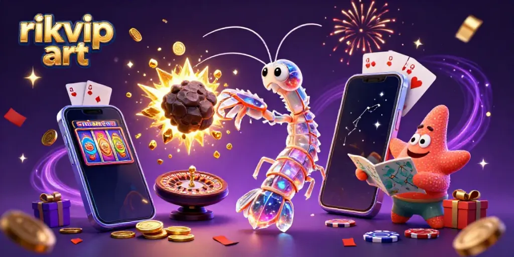 Experience excitement with rikvip art as a galactic samurai mantis shrimp bursts through an asteroid, showering coins.