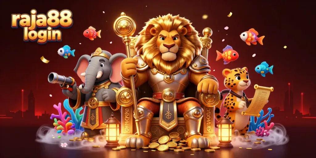 Engage in the thrilling raja88 login experience with vibrant sea creatures and colorful underwater elements surrounding royal figures.