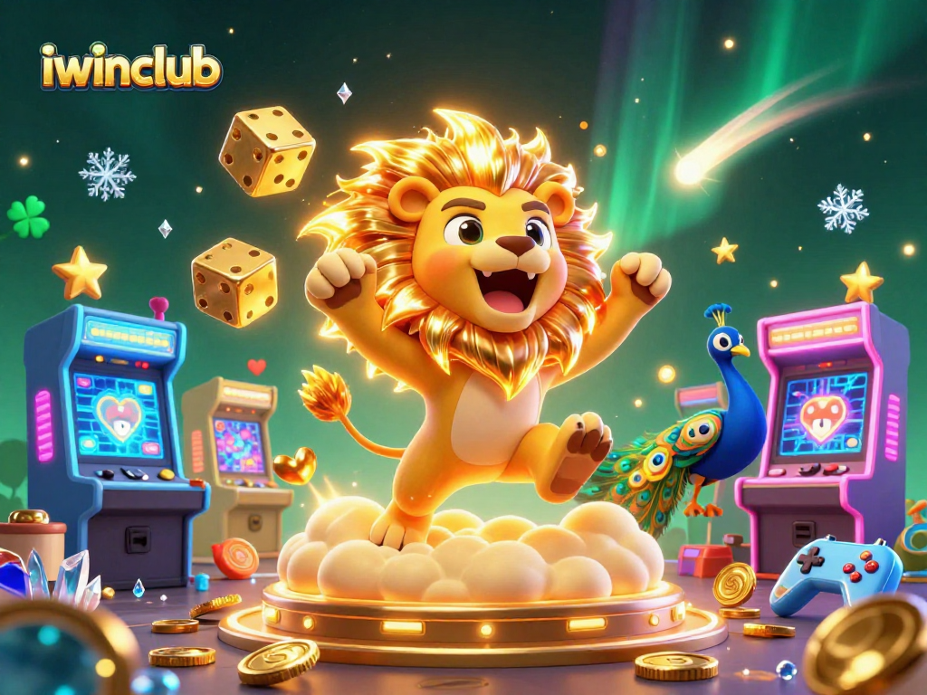 Engage with iwinclub in a vibrant 3D casino scene showcasing a roaring lion, golden dice, and arcade excitement.