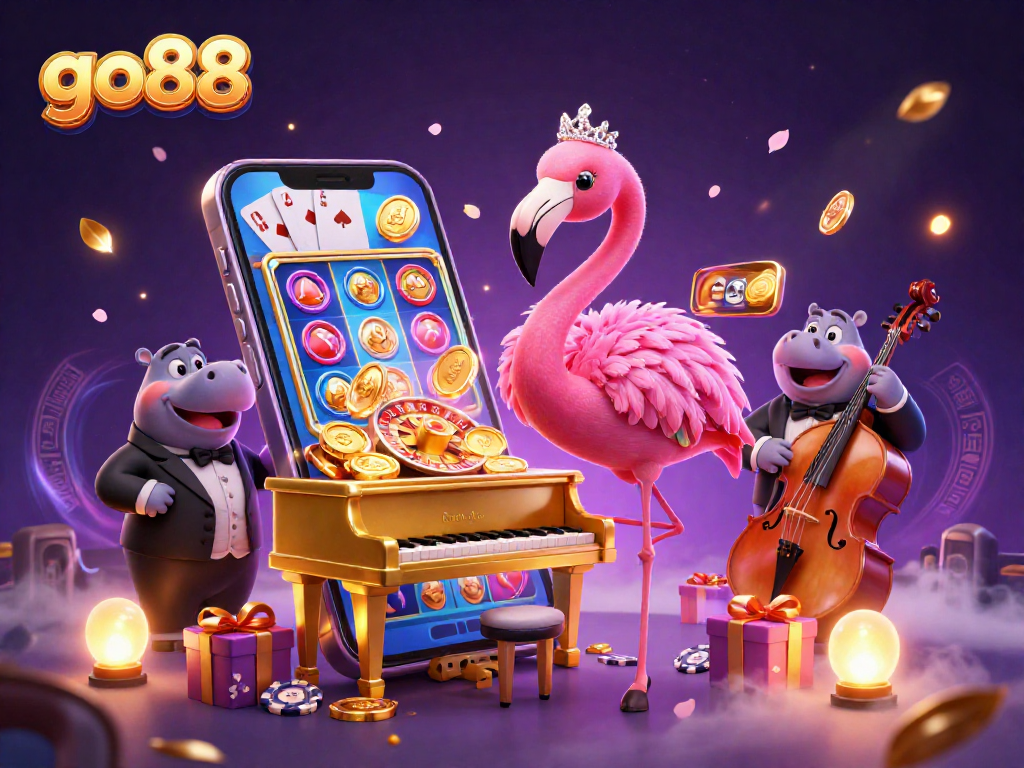 Spin the reels and win with go88 at this vibrant digital casino scene featuring colorful games and characters.