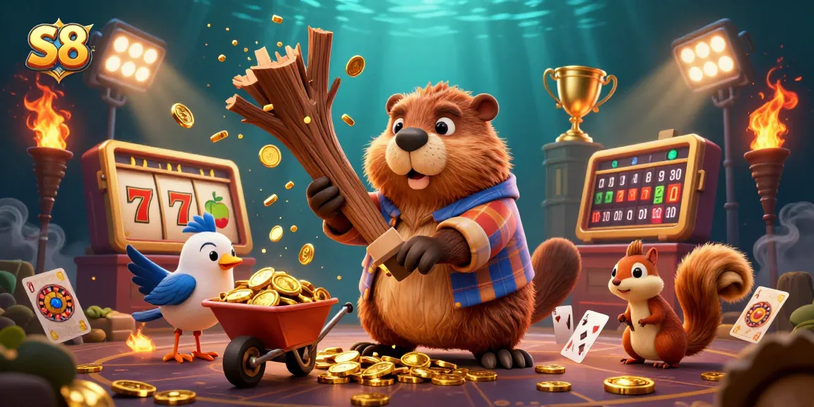 S8 promotes exciting casino games with animated characters balanced between golden coins and slot reels.