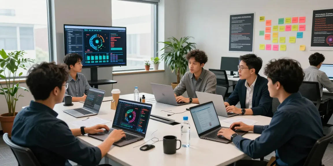 Data scientists discussing machine learning tools in a modern office with laptops, digital screens, and a collaborative atmosphere.