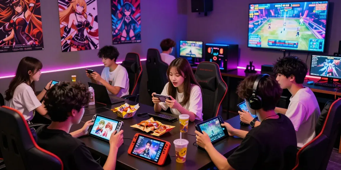 Young adults enjoying various online hentai games in a vibrant gaming lounge