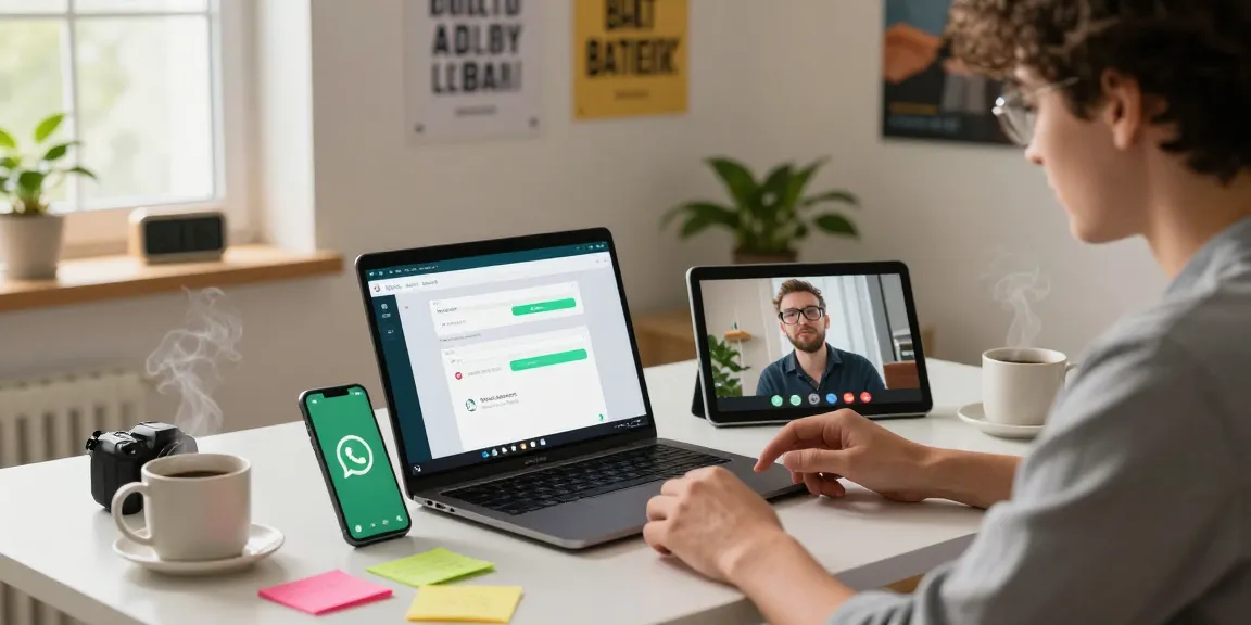 Engaging WhatsApp下載 on devices, showing a professional in a cozy home office.