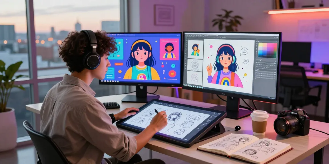 Creating stunning AI 18+ art designs in a vibrant studio with digital tools.