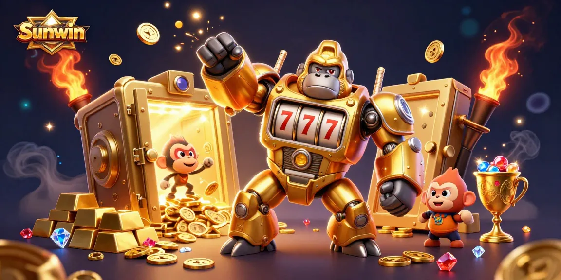 Engage with Sunwin's thrilling online gaming experience featuring golden gorilla mech and treasure!