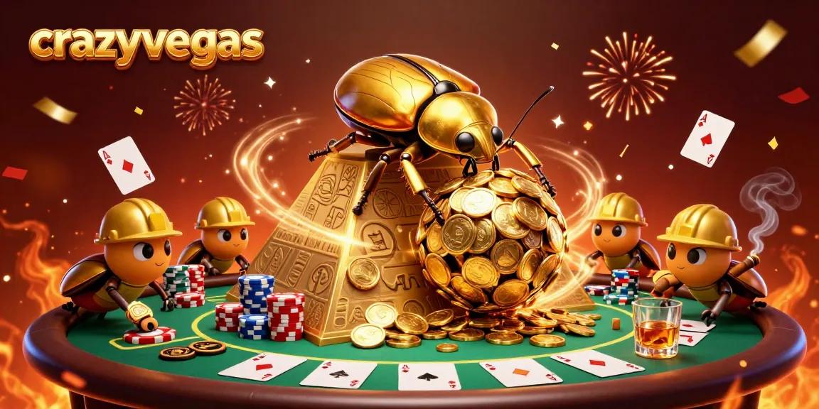 Experience high-stakes gambling at crazyvegas with golden dung beetles at a casino pyramid scene.
