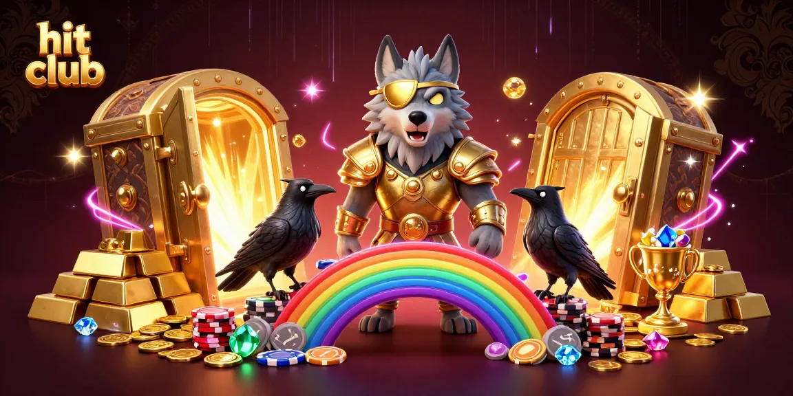 Win big at hit club with a dynamic scene featuring Odin, casino chips, and treasures.