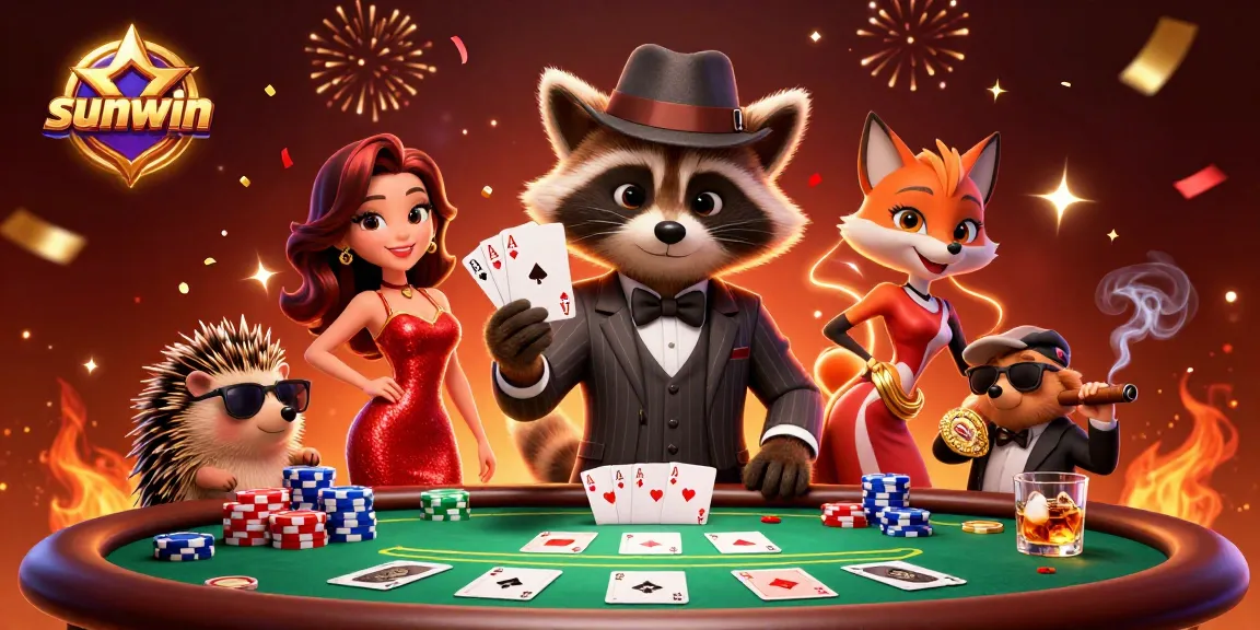 Play poker with sunwin: A raccoon and fox celebrate a winning royal flush at a stacked poker table.
