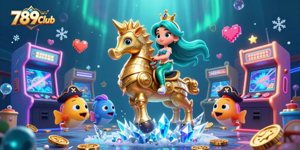 Experience the vibrant world of 789Club with a fantastical mermaid riding a seahorse among colorful gaming elements.